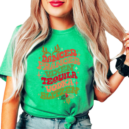 Funny reindeer names Christmas graphic tee in natural color, adult unisex fit