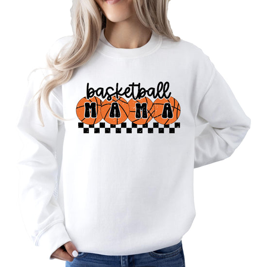 Women's white crewneck sweatshirt with orange checkered basketball mama graphic print