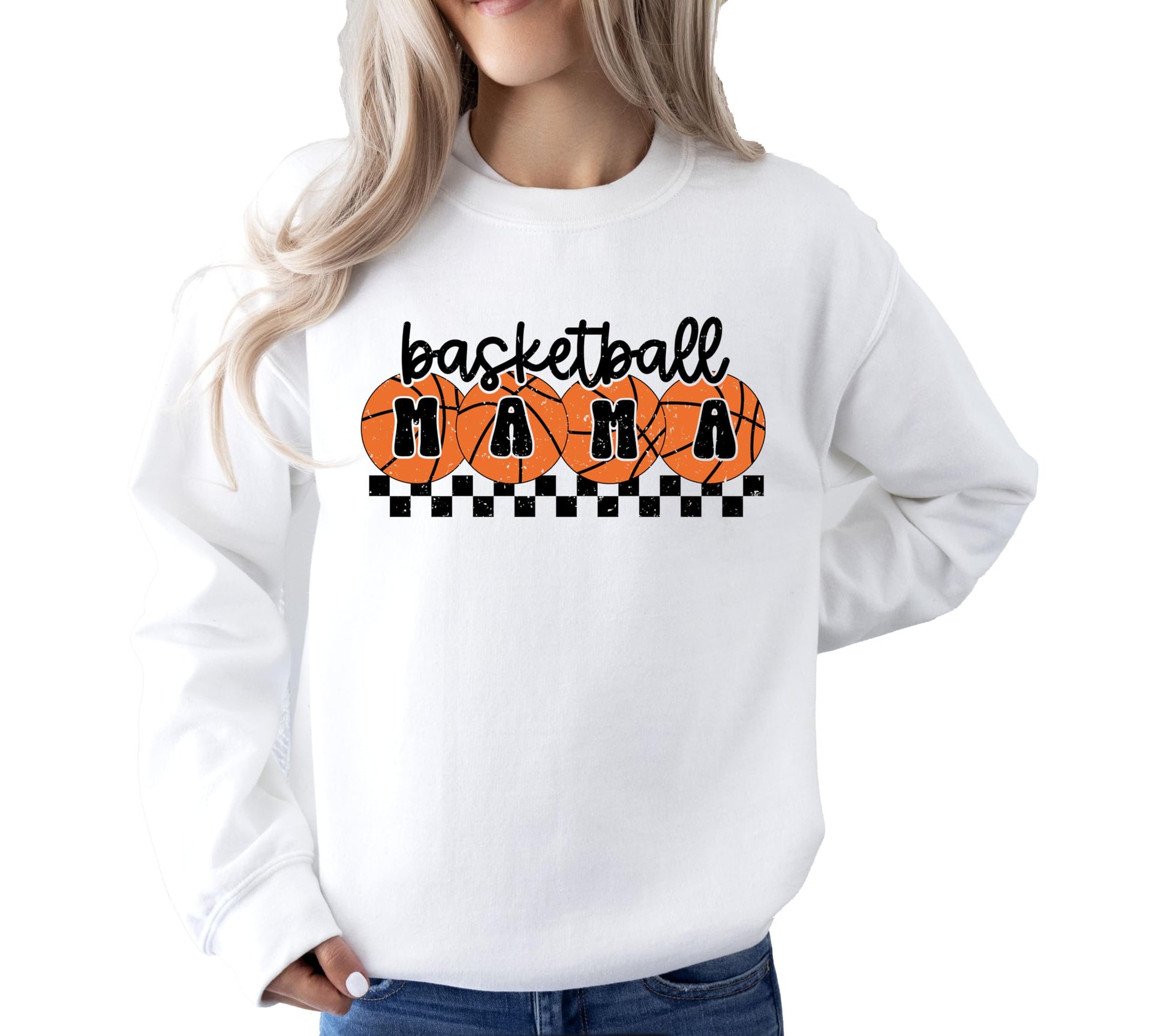 Women's white crewneck sweatshirt with orange checkered basketball mama graphic print