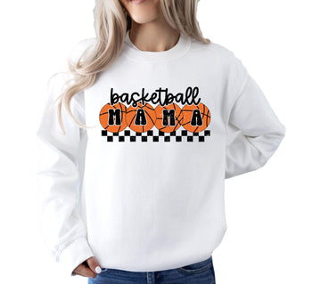 Women's white crewneck sweatshirt with orange checkered basketball mama graphic print