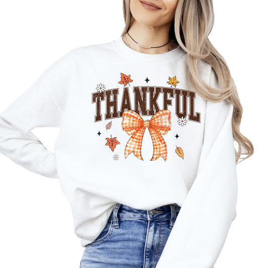 Thankful Orange Bow Sweatshirt for Girls, Teens, and Women Fall Thanksgiving Pullover