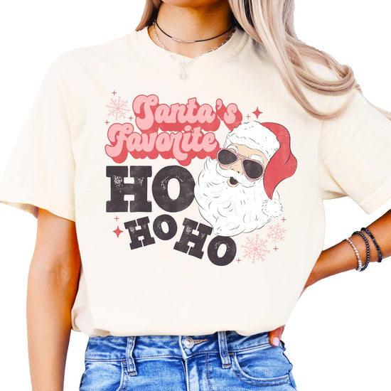 Front view of retro Santa's Favorite Ho Ho Ho holiday graphic tee in seafoam for women