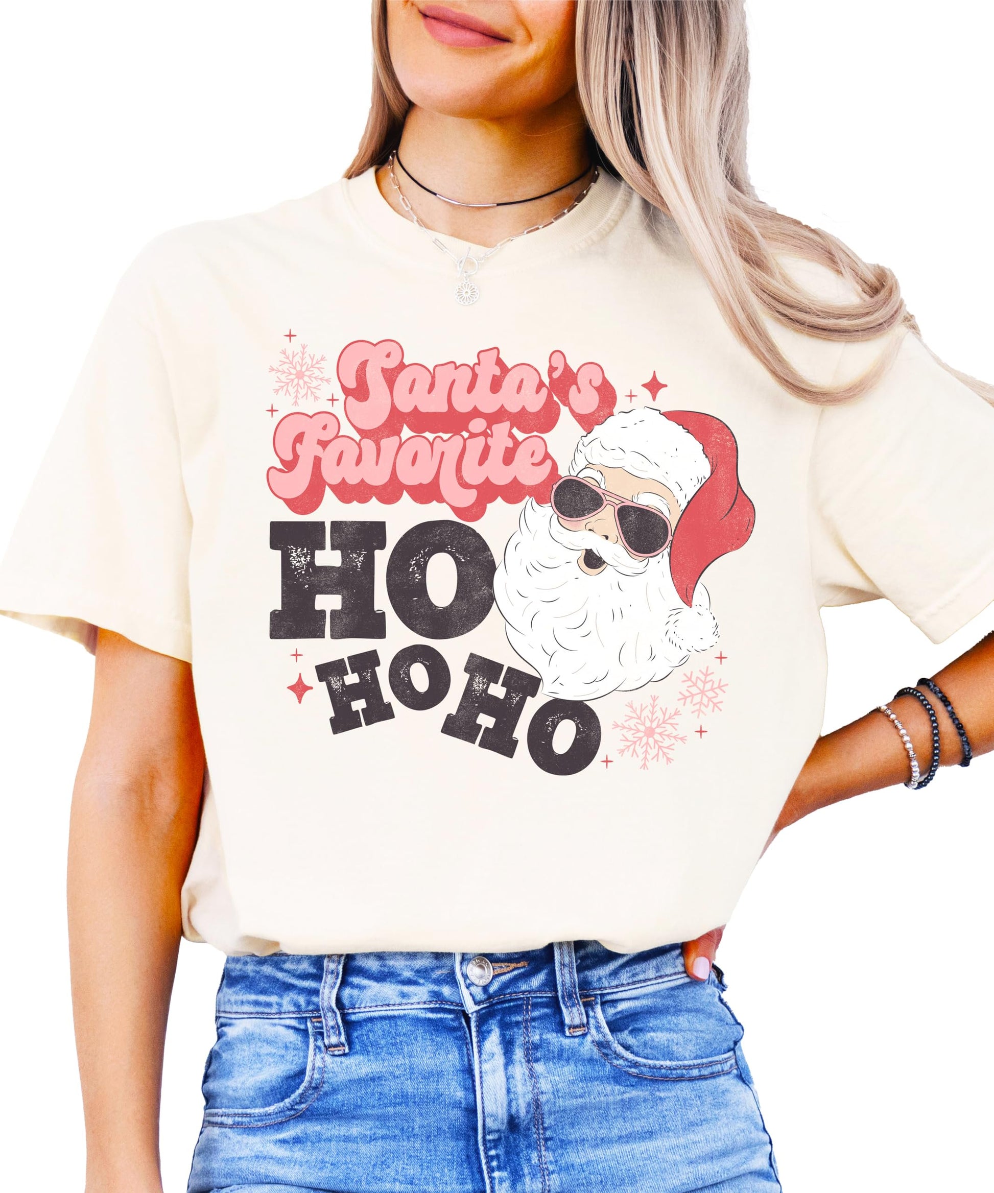 Front view of retro Santa's Favorite Ho Ho Ho holiday graphic tee in seafoam for women