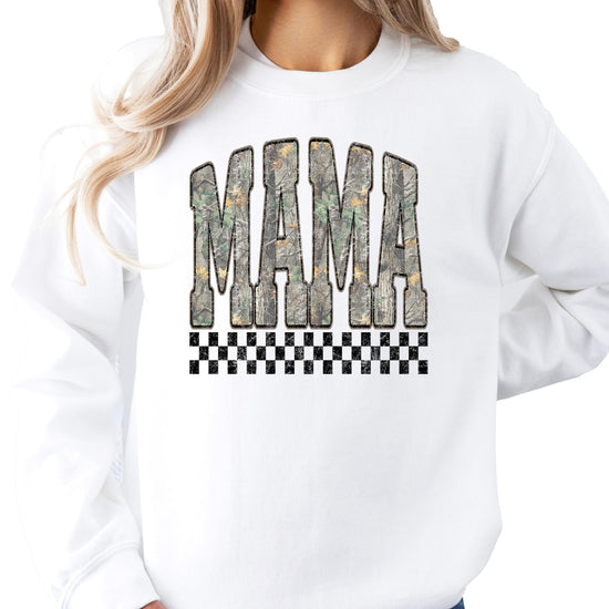 Front view of Mama distressed camo pullover sweatshirt for women in black