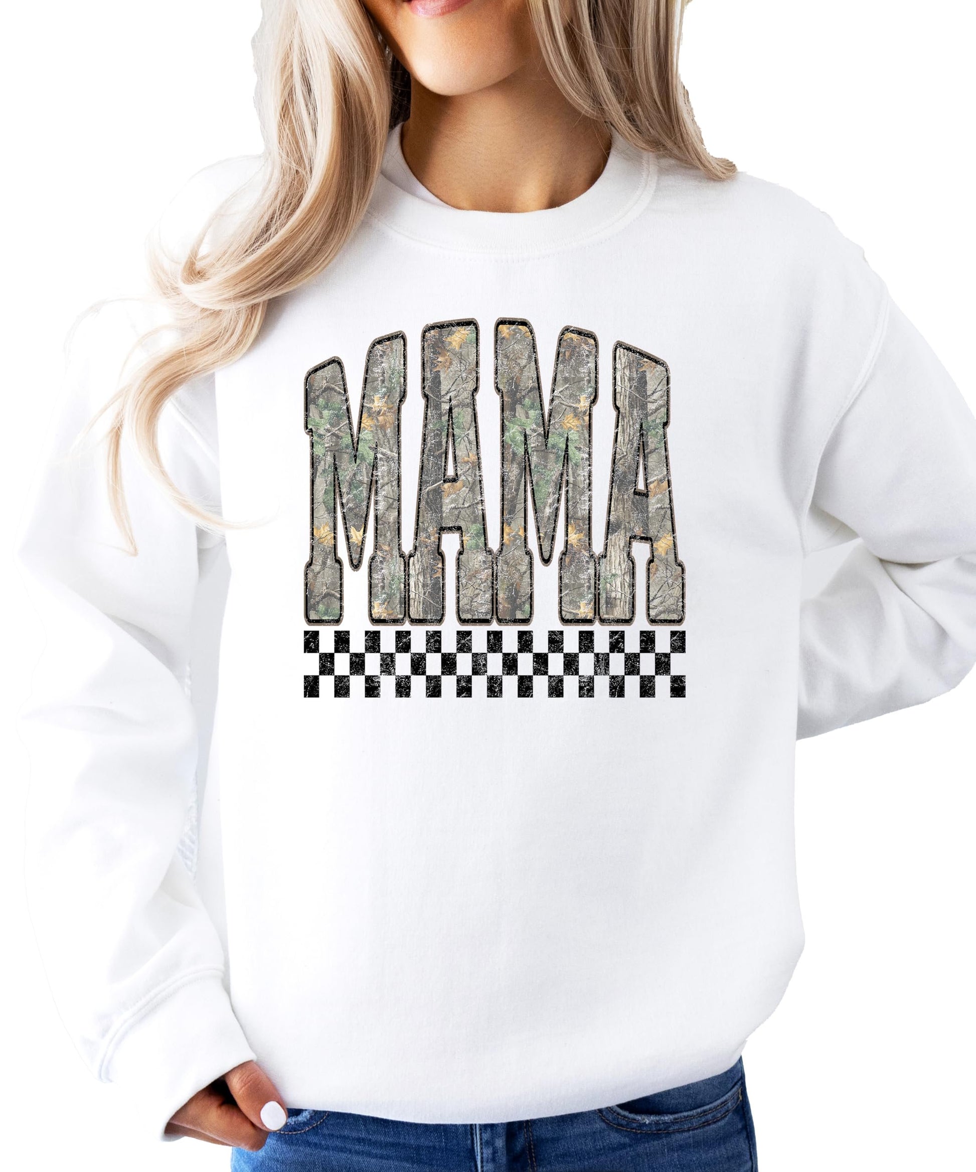 Front view of Mama distressed camo pullover sweatshirt for women in black