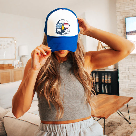 Patriotic Eagle with American Flag Sunglasses Hat Classic 5 Panel Mesh Snap Back Trucker Hat