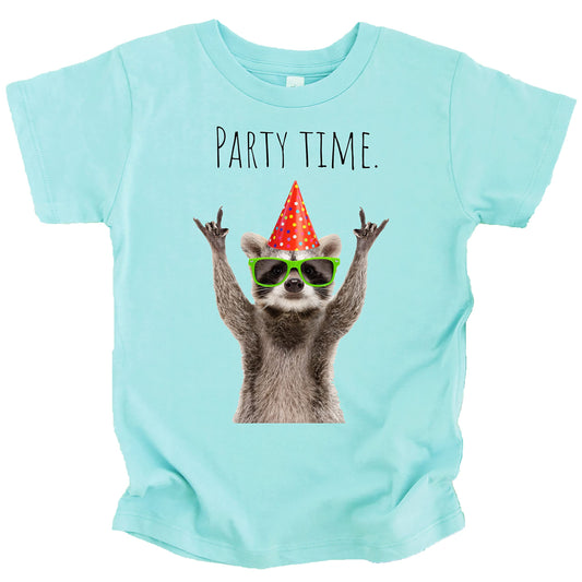 Royal blue boys birthday shirt featuring cute party raccoon graphic design