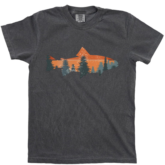 Seafoam green trout fishing t-shirt with sunset tree line graphic design on unisex fit