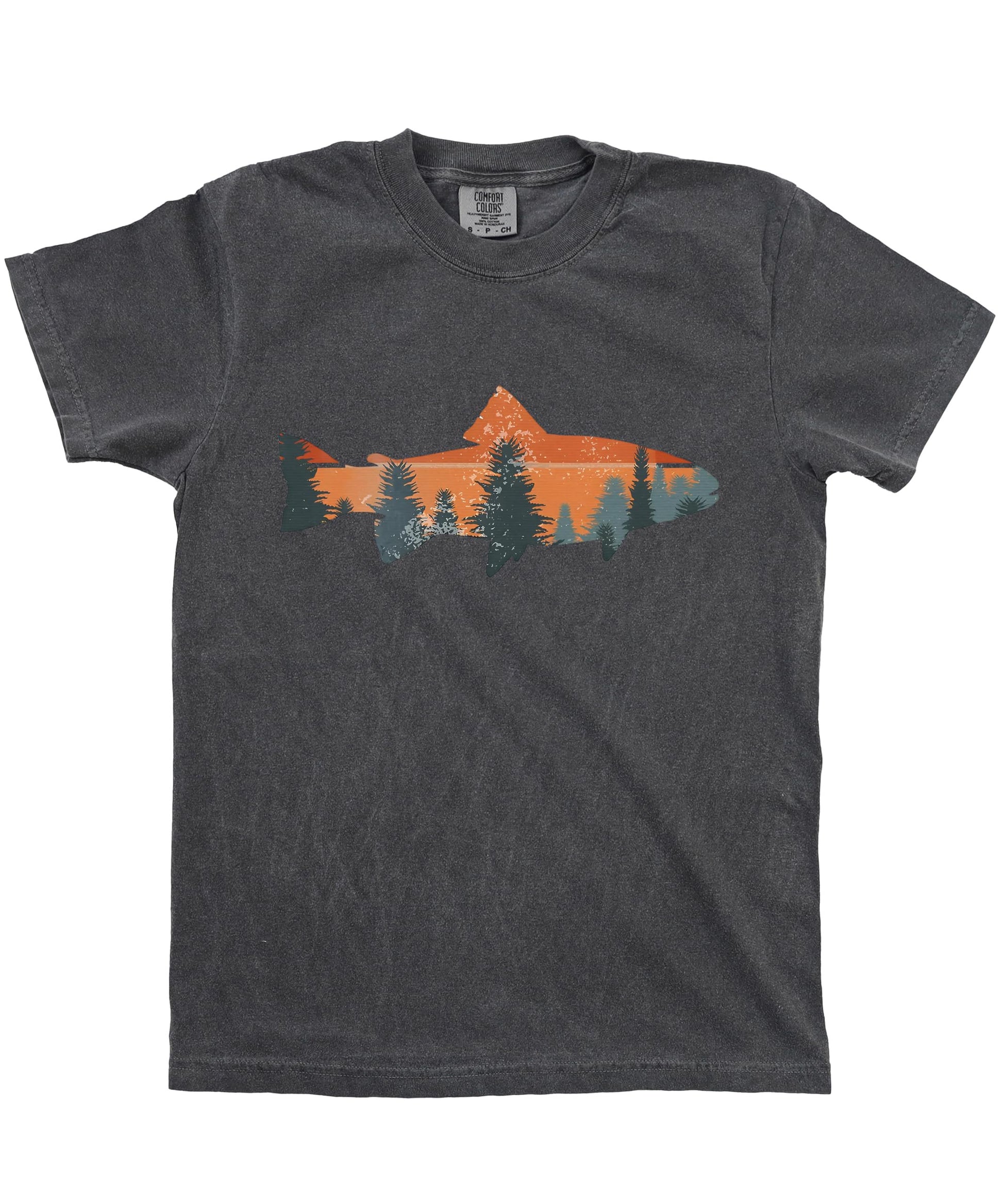 Seafoam green trout fishing t-shirt with sunset tree line graphic design on unisex fit
