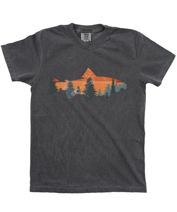 Seafoam green trout fishing t-shirt with sunset tree line graphic design on unisex fit