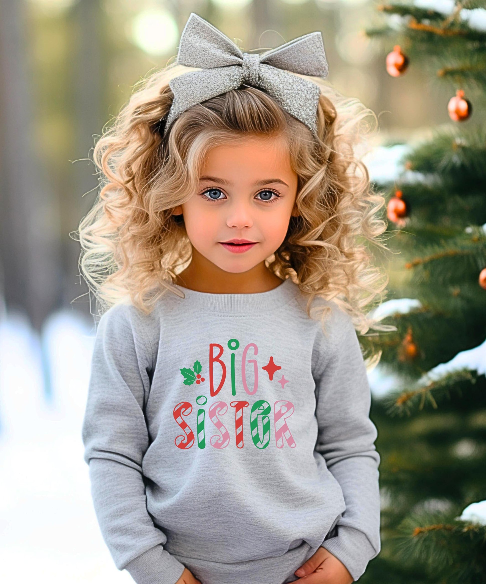 Detail shot of Big Sister Christmas sweatshirt print quality showing vibrant red, green, and pink candy cane design