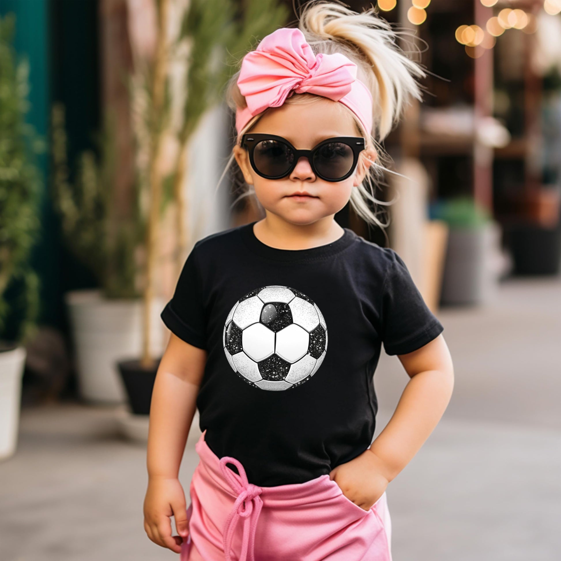 Flat lay of black faux glitter soccer ball tee for girls on neutral background