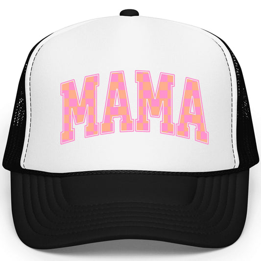 Mama Trucker Hat for Women Trendy Orange & Pink Checkered Foam Front Classic 5 Panel Mesh Snapback Trucker Hat
