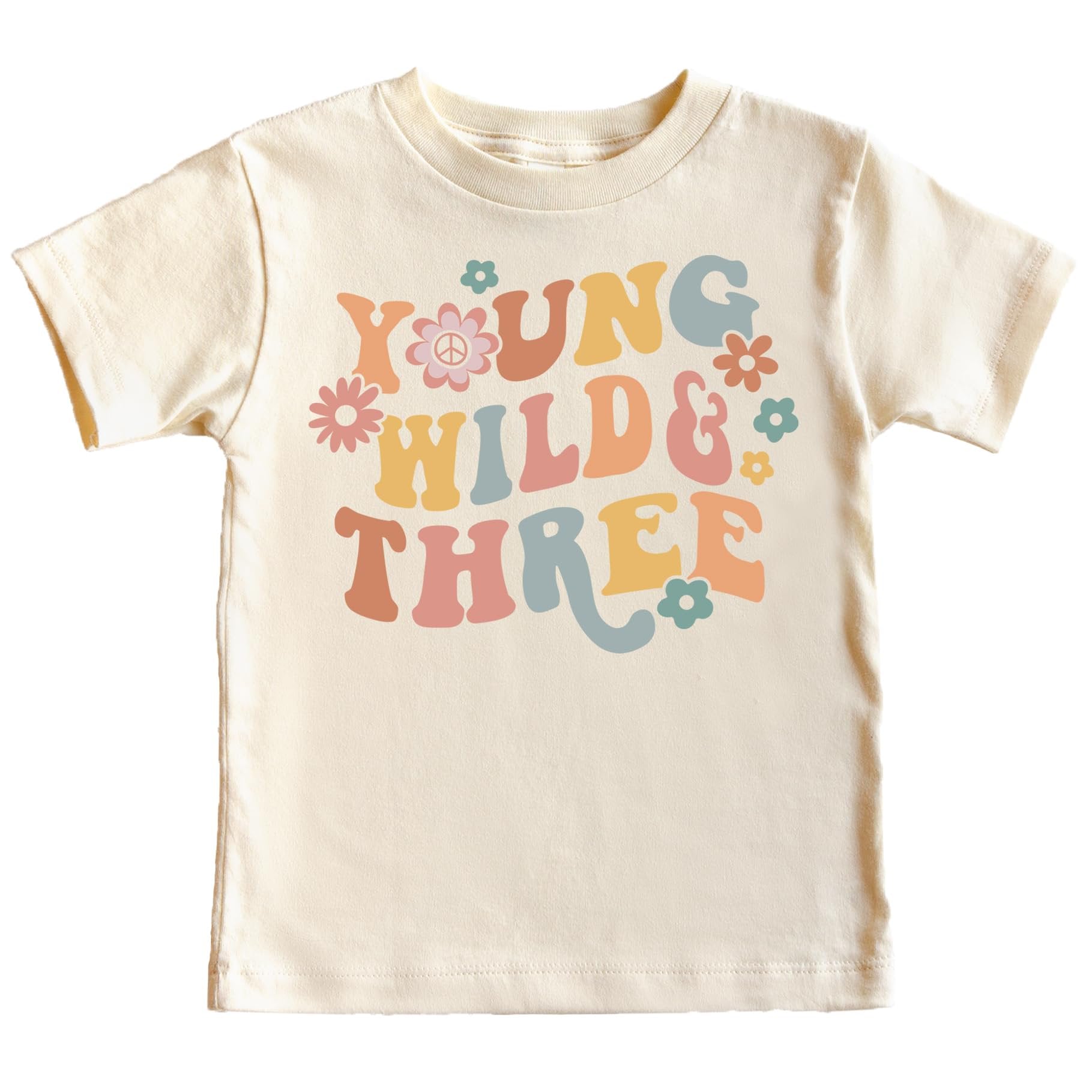 Young Wild Three daisy groovy birthday shirt for toddler girls in natural color