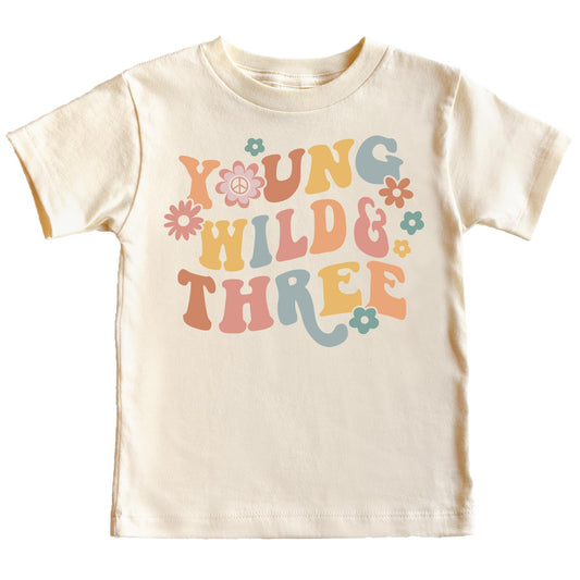 Young Wild Three daisy groovy birthday shirt for toddler girls in natural color