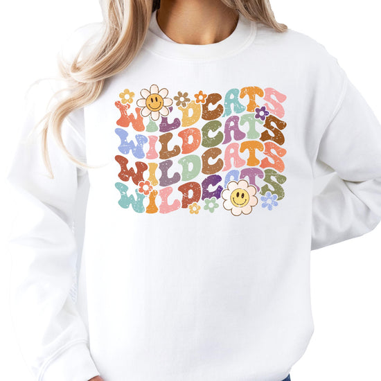 Full view of vintage Wildcats pullover sweatshirt showing classic fit and design