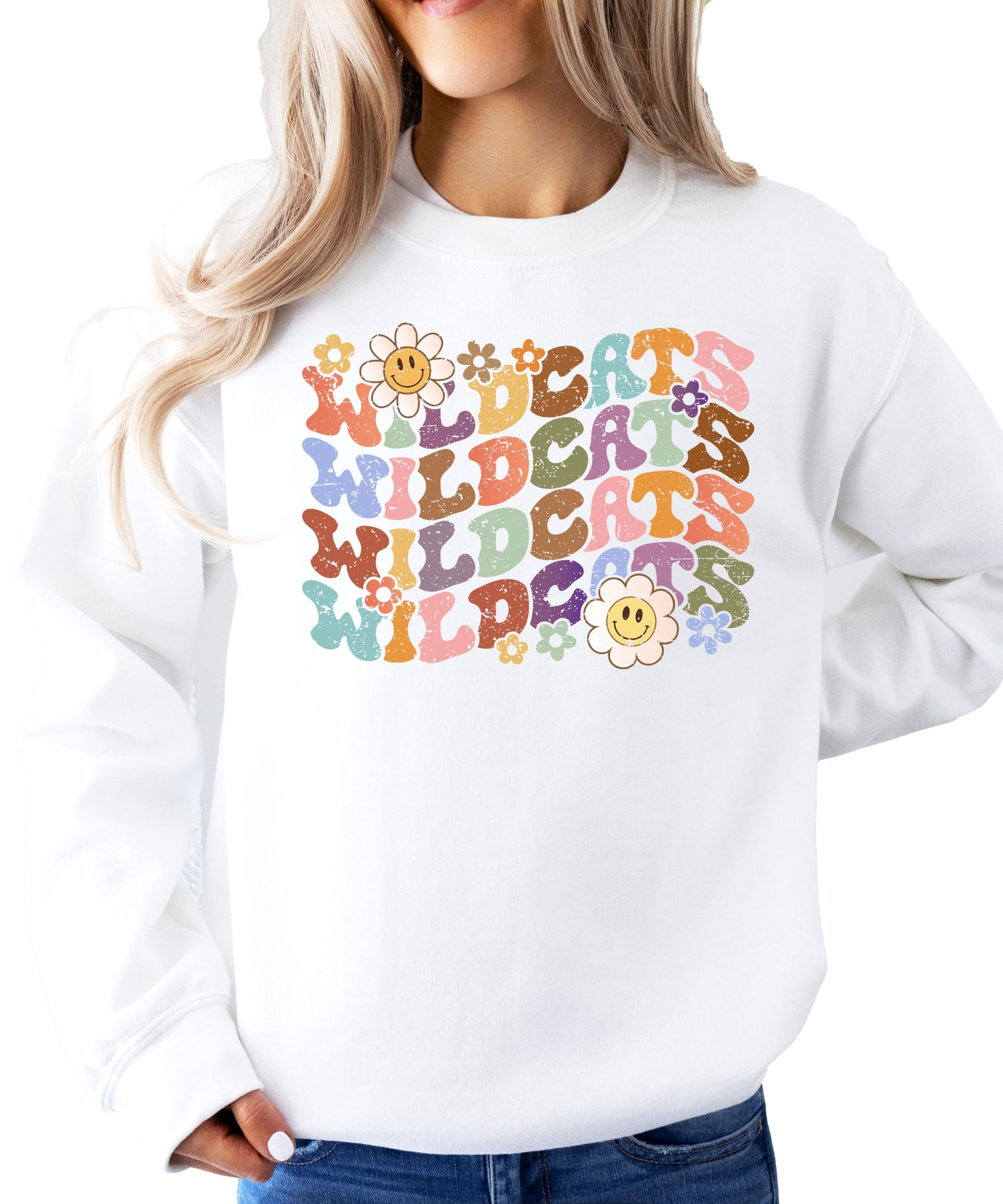 Full view of vintage Wildcats pullover sweatshirt showing classic fit and design