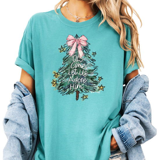 Oh Come Let Us Adore Him seafoam Christmas shirt styled for women and teen girls