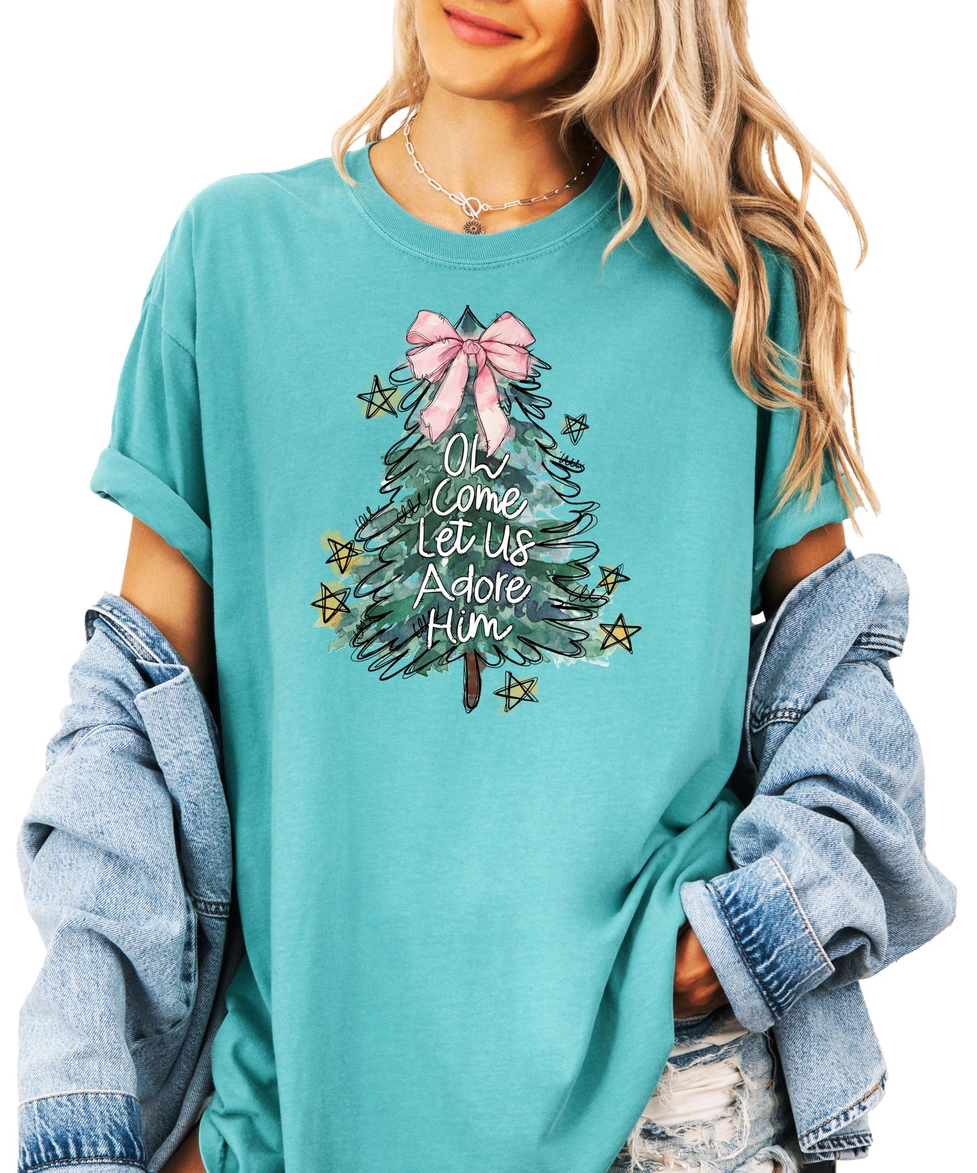 Oh Come Let Us Adore Him seafoam Christmas shirt styled for women and teen girls