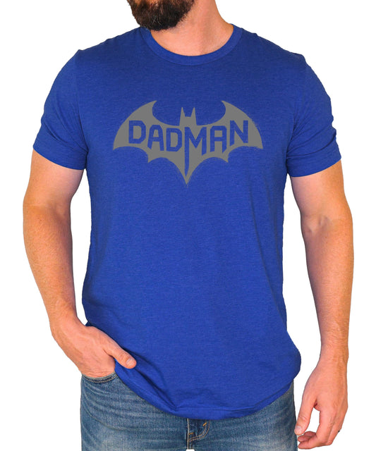 Dark gray heather men's t-shirt with gray DadMan bat graphic on the chest, funny dad superhero tee