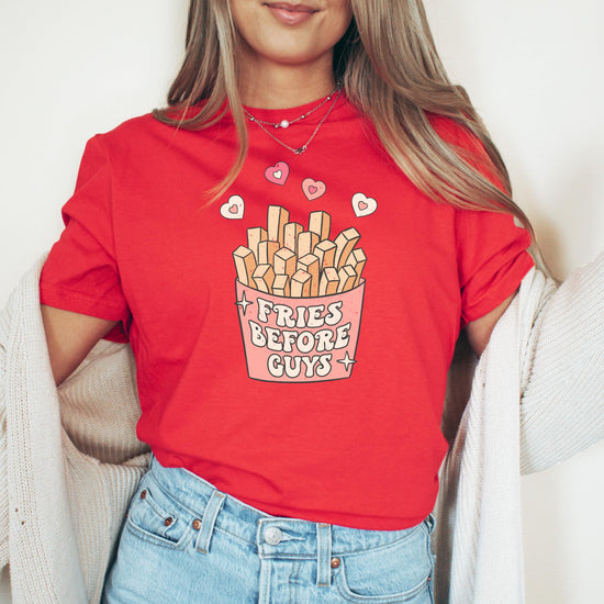 Flat lay of Fries Before Guys anti-Valentine's graphic shirt in natural colorway