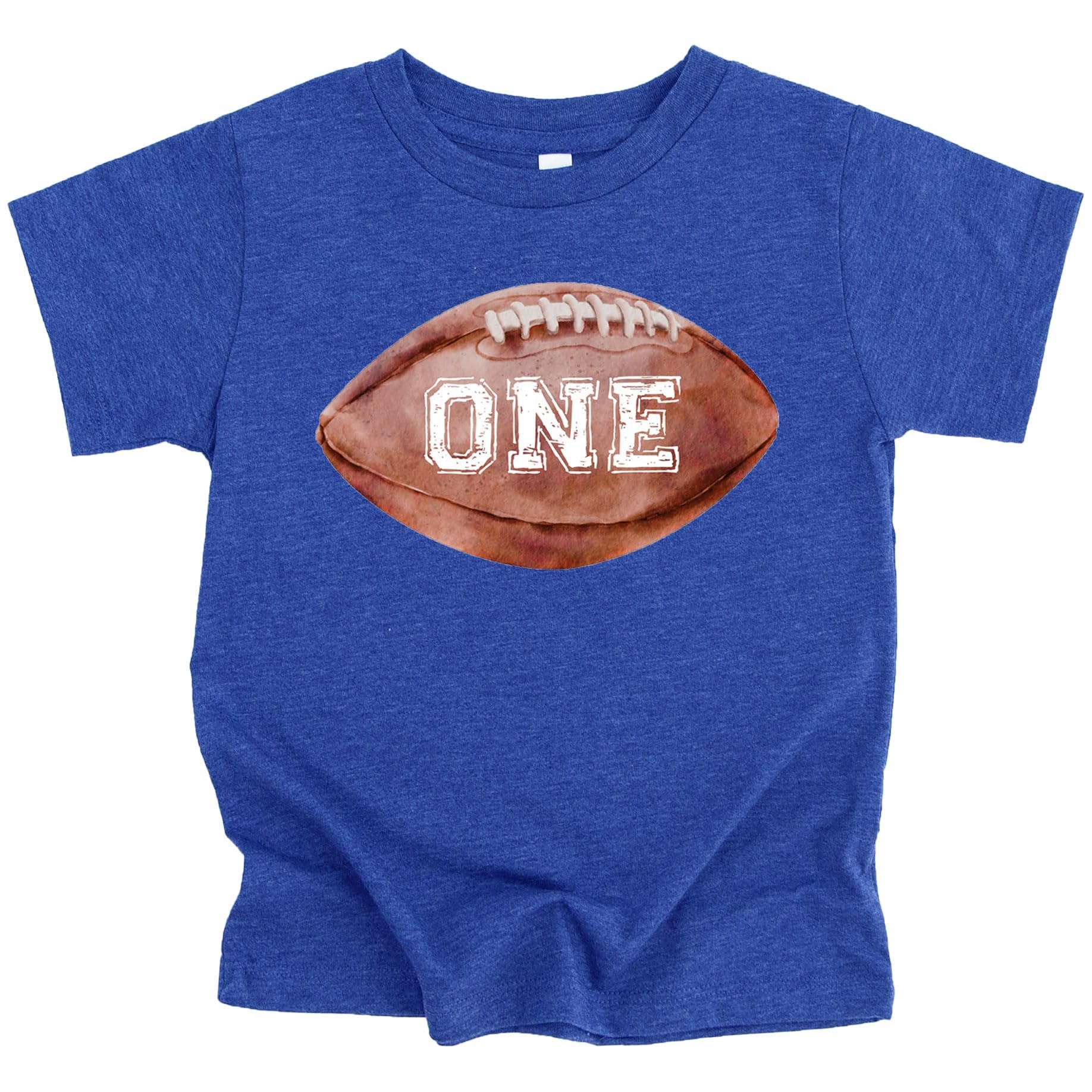 Close-up of distressed football birthday graphic on natural baby tee