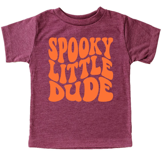Close-up of retro wavy letter graphic on Spooky Little Dude toddler Halloween shirt