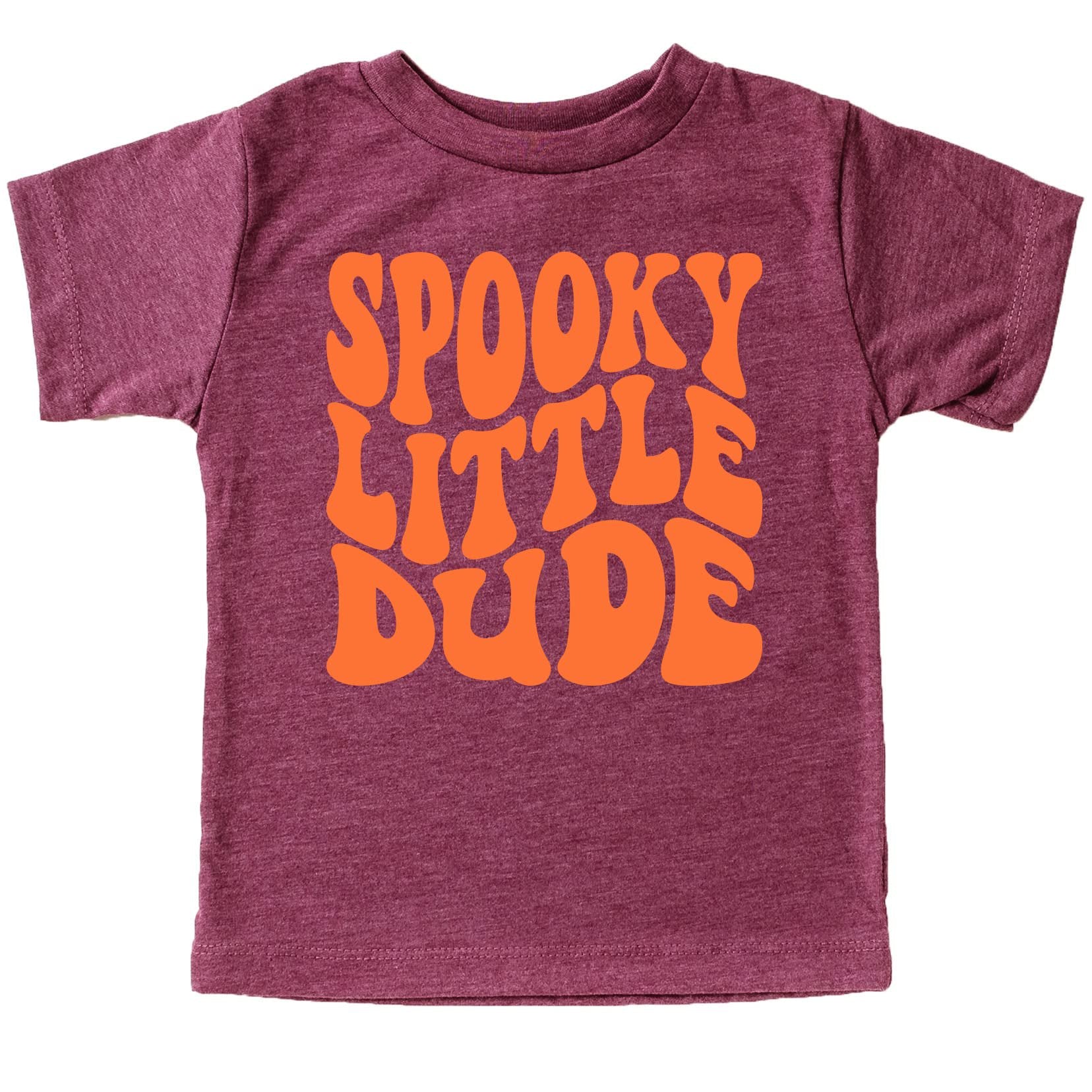 Close-up of retro wavy letter graphic on Spooky Little Dude toddler Halloween shirt