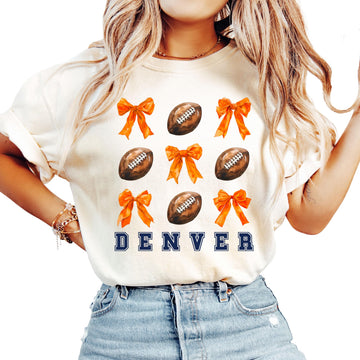Denver Football Shirt for Women and Teens Orange Bows and Footballs Colorado Team Tee