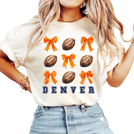 Denver Football Shirt for Women and Teens Orange Bows and Footballs Colorado Team Tee