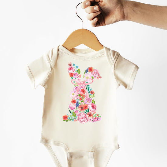 Olive Loves Apple spring holiday baby bodysuit displayed on neutral background