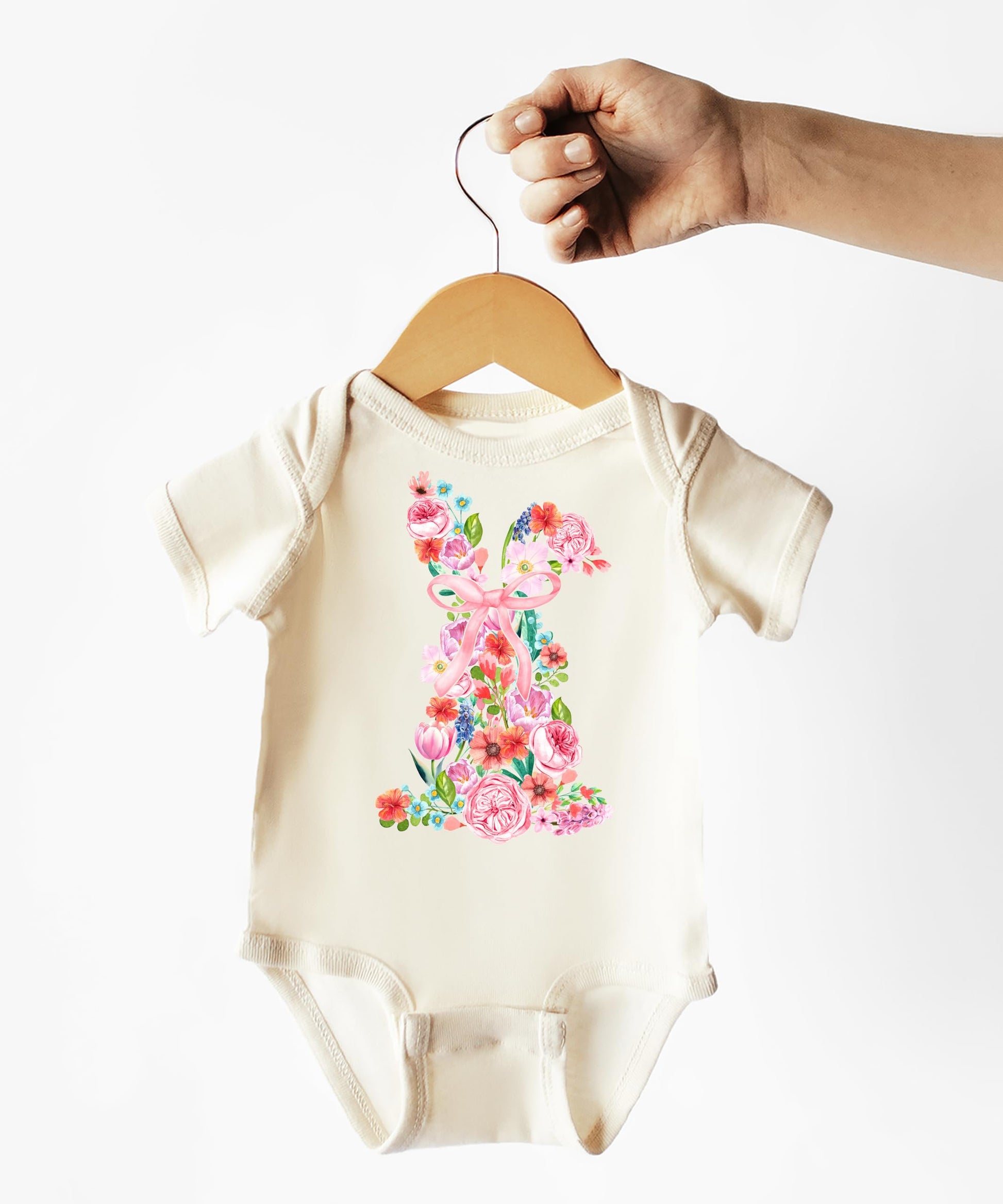 Olive Loves Apple spring holiday baby bodysuit displayed on neutral background