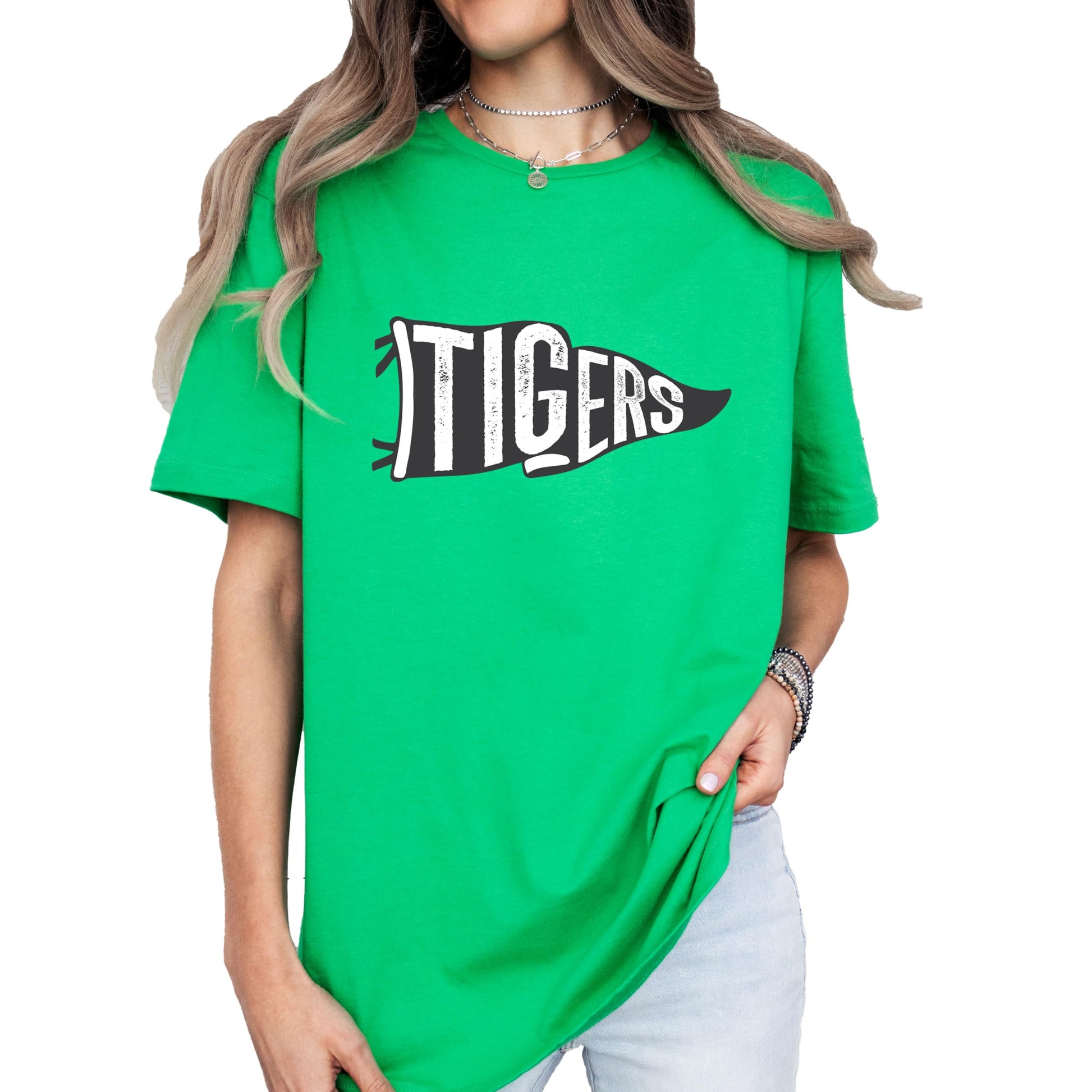 Back view of Tigers Flag Mascot unisex t-shirt in vintage royal colorway