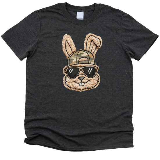 Front view of men's Easter bunny camo hat ink printed graphic shirt in natural color