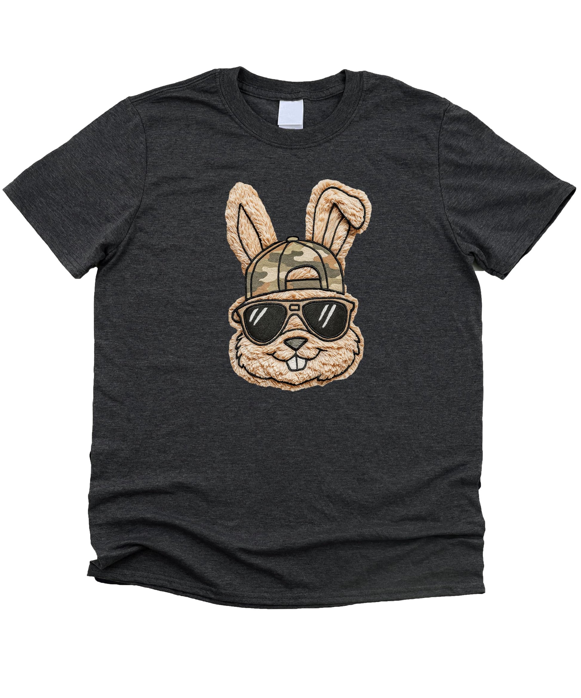 Front view of men's Easter bunny camo hat ink printed graphic shirt in natural color