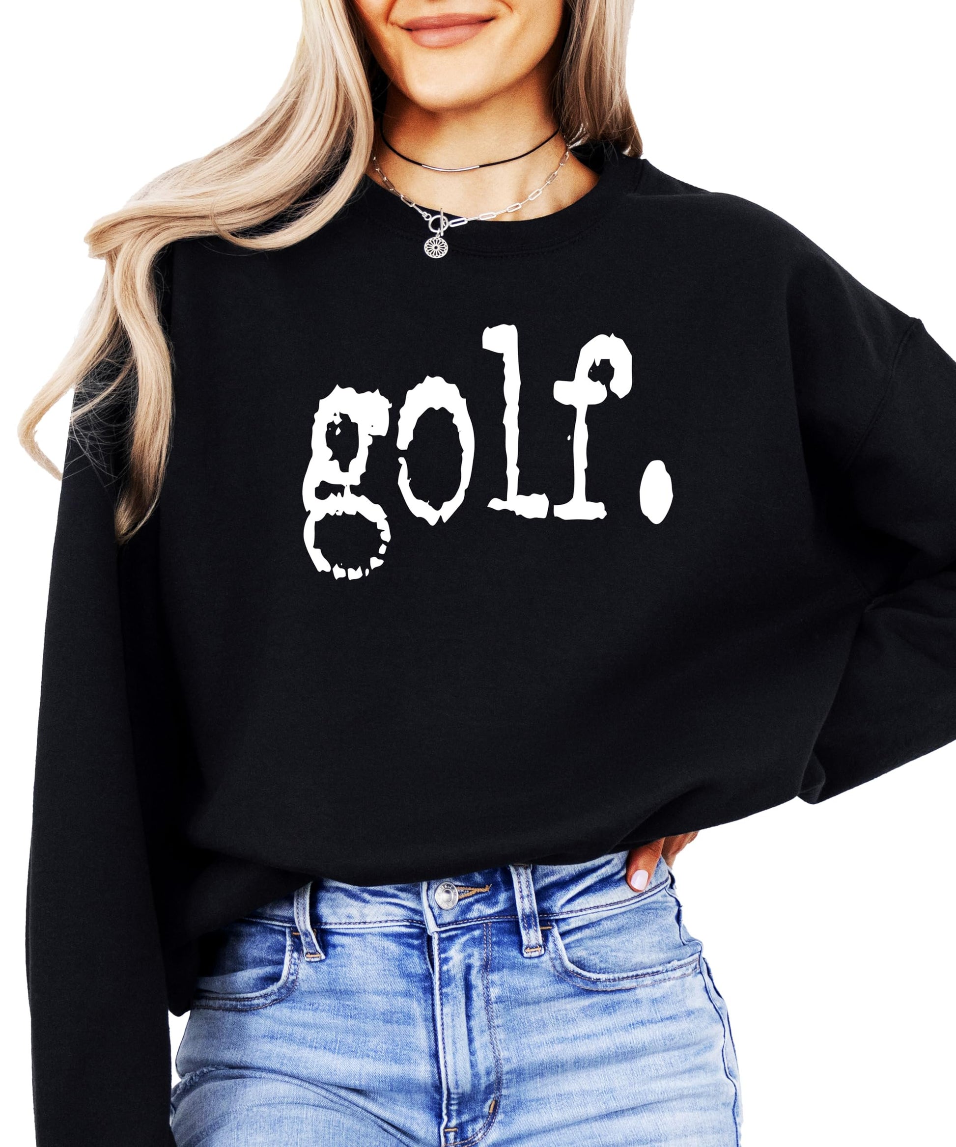 Lifestyle photo of gray golf graphic sweatshirt worn casually on or off the course