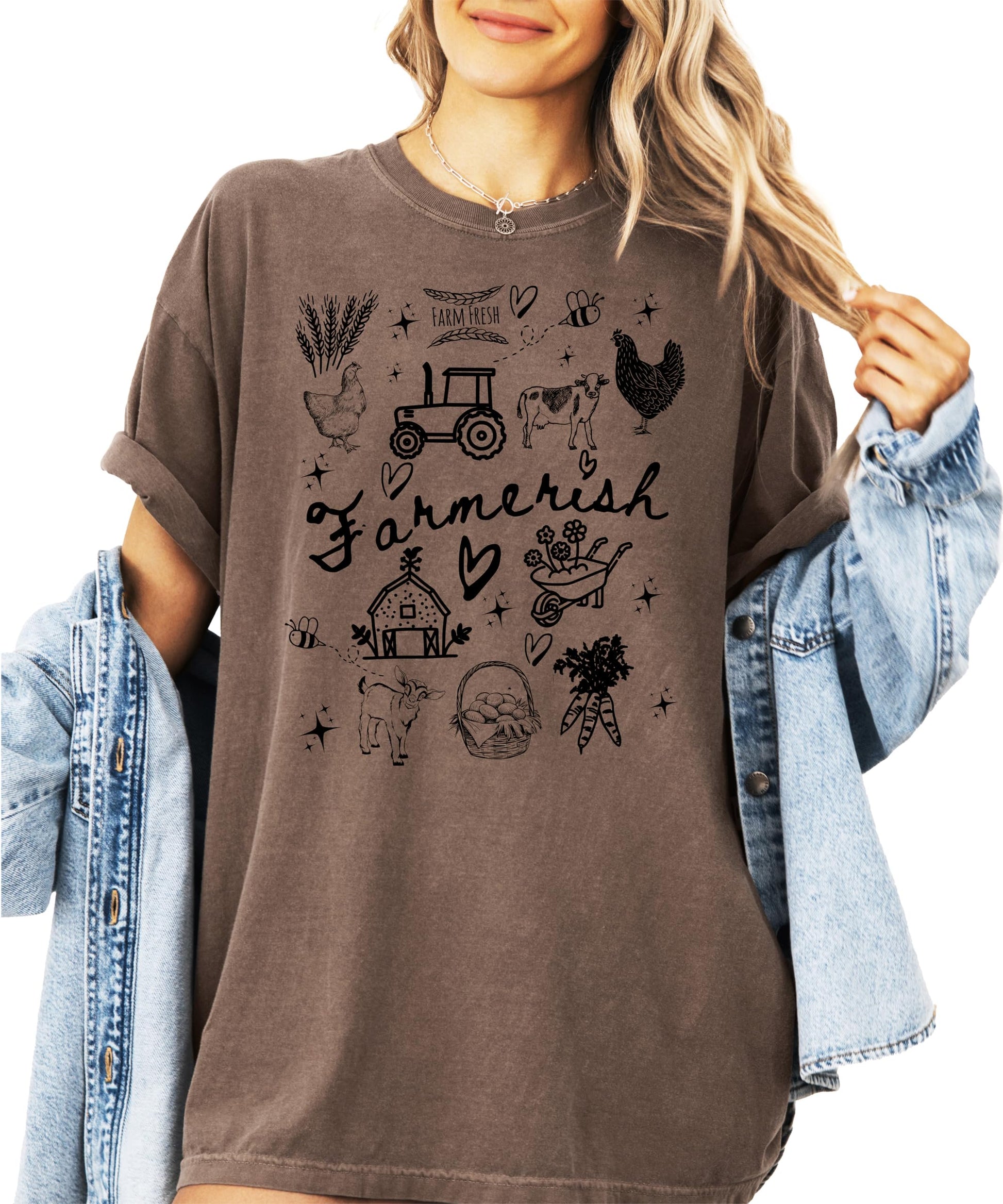 Farmerish graphic tee laid flat showing full farm-themed illustration with country style design