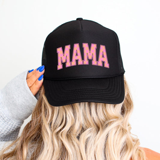 Mama Trucker Hat for Women Trendy Orange & Pink Checkered Foam Front Classic 5 Panel Mesh Snapback Trucker Hat
