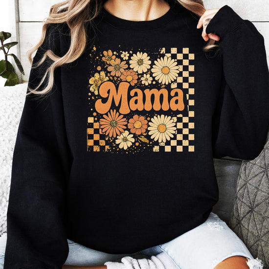 Back view of black mama daisy checkered crewneck sweatshirt