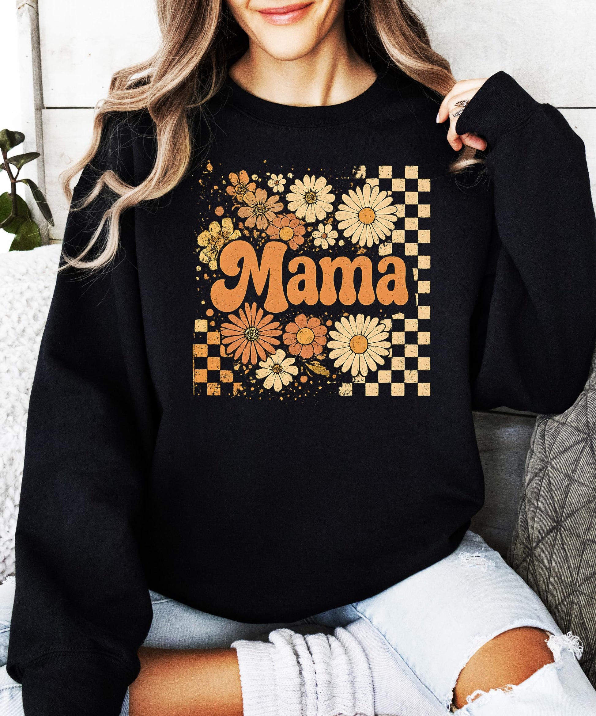 Back view of black mama daisy checkered crewneck sweatshirt