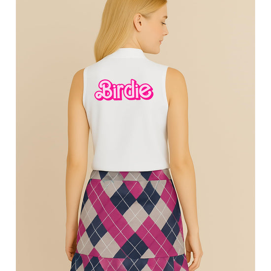 Pink birdie polo shirt product shot displaying athletic fit and vintage golf theme