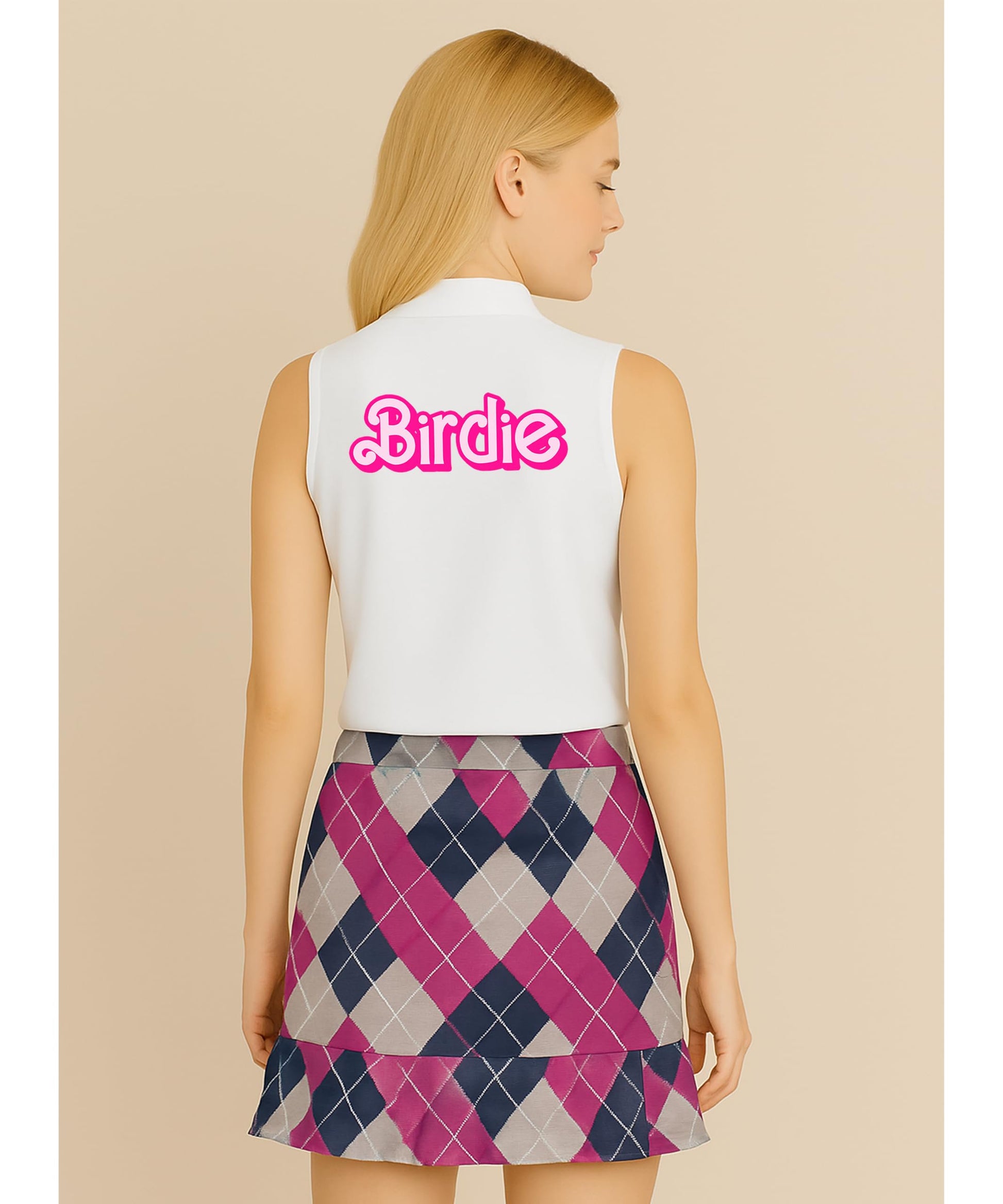 Pink birdie polo shirt product shot displaying athletic fit and vintage golf theme