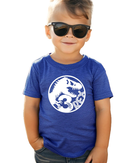 Size chart and fit guide for toddler Three T-Rex fossil birthday shirt