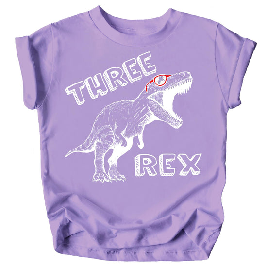 Toddler wearing military green Three Rex 3rd birthday dinosaur t-shirt