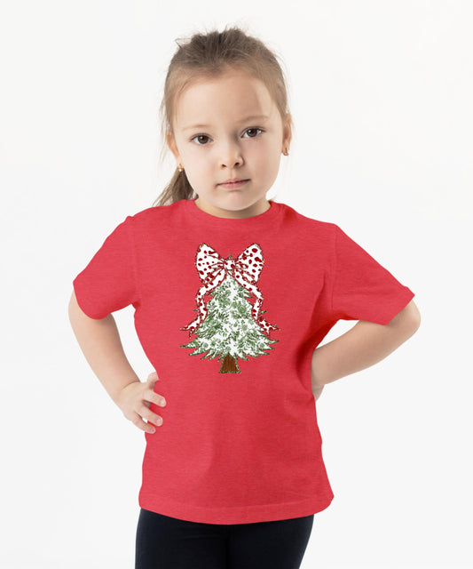 Faux Glitter Green Floral Christmas Tree with Red Dots Bow Shirt for Women Teens and Girls
