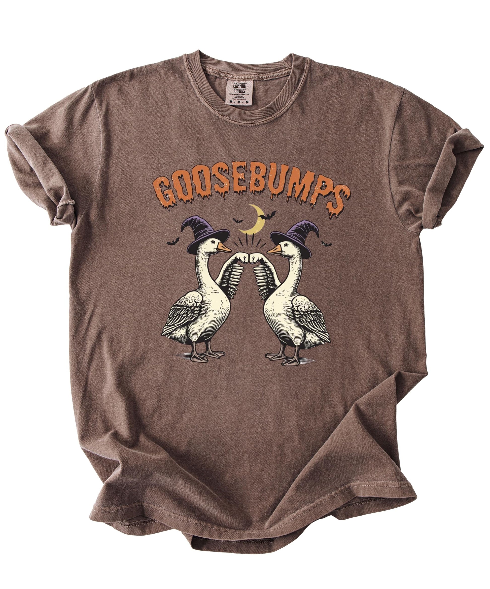 Lifestyle shot of women's Goosebumps Halloween pun tee, perfect for fall and spooky season