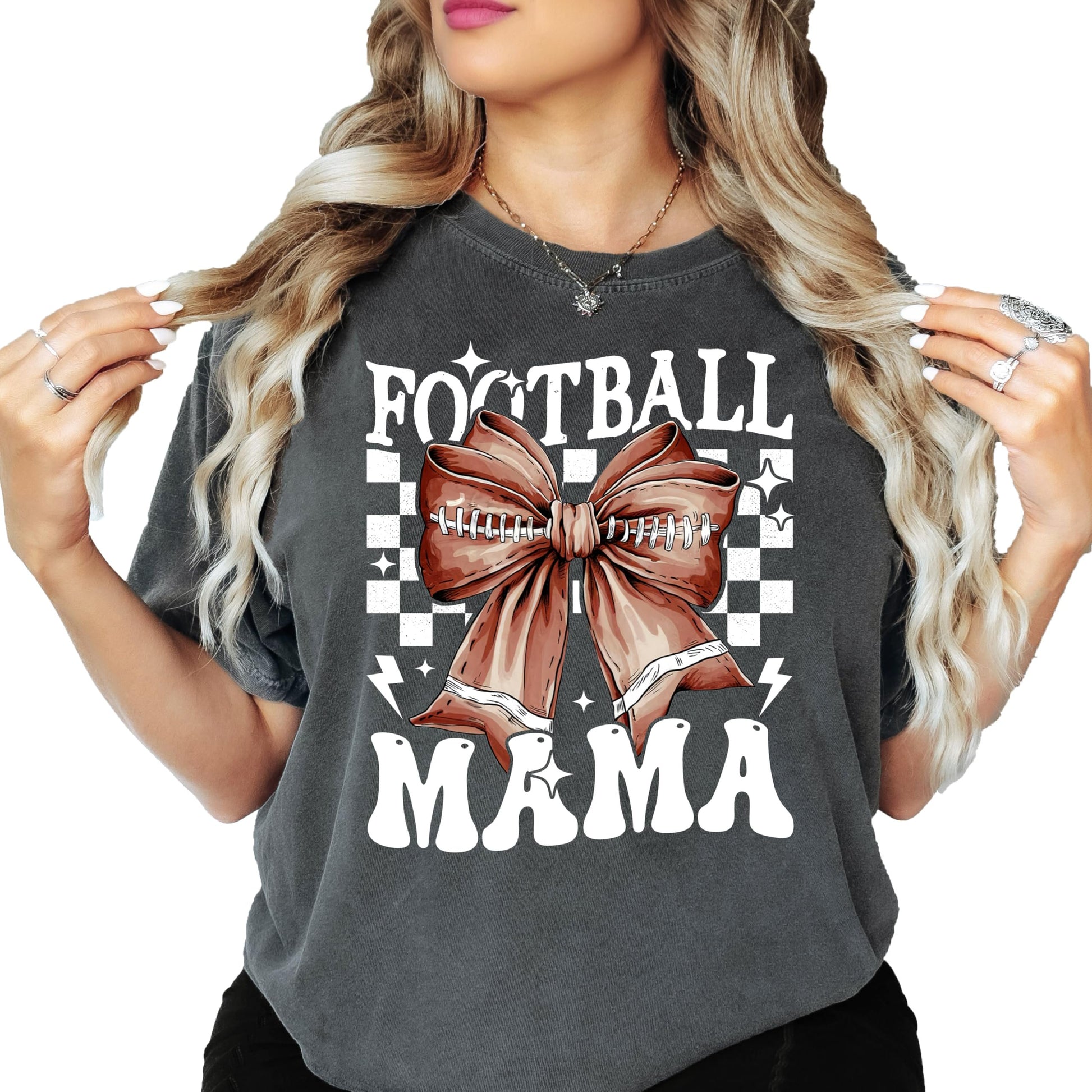Close-up of retro Football Mama coquette bow design printed on ivory women's tee