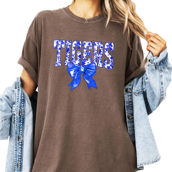 Women's Tigers blue floral bow graphic tee with bold lettering and vibrant bow design