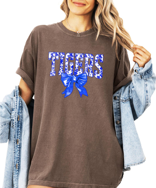 Women's Tigers blue floral bow graphic tee with bold lettering and vibrant bow design