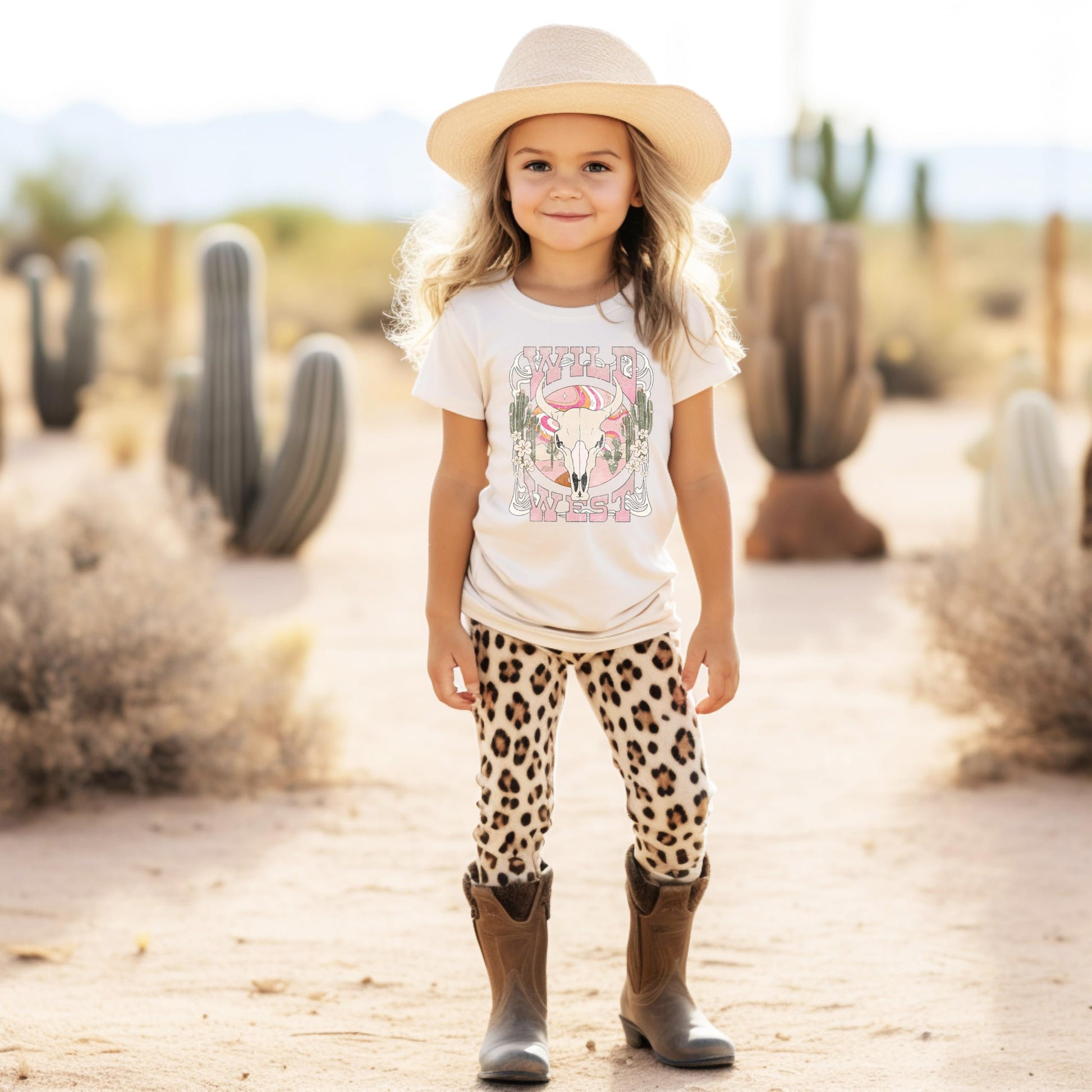 Flat lay of Olive Loves Apple Wild West natural youth tee showing full cowgirl desert graphic design
